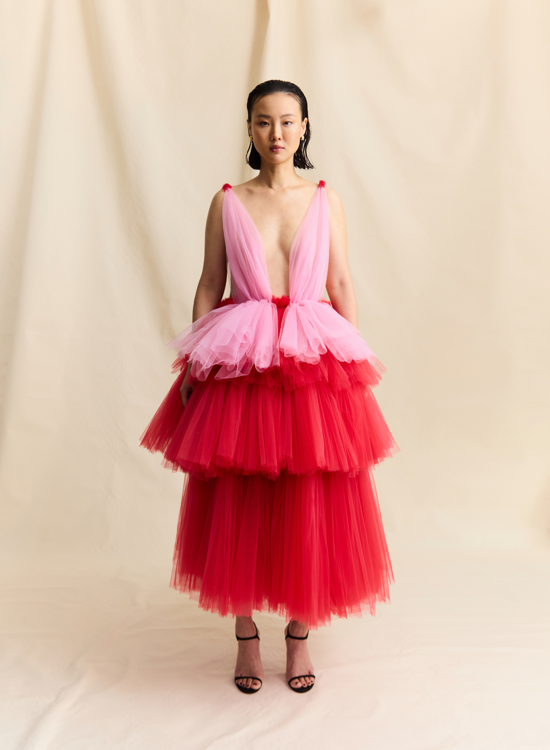 PINK & RED PLUNGE  RUFFLE TULLE  MIDI DRESS LOOK M1