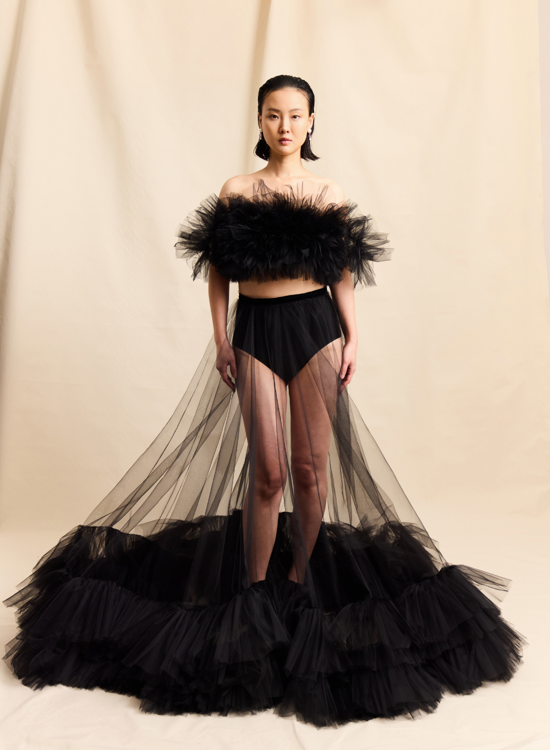 SHEER BLACK TULLE VOLUMINOUS RUFFLE SKIRT LOOK M5