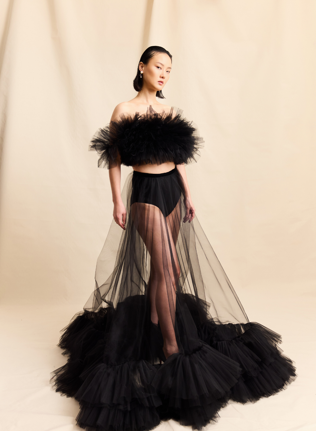 SHEER BLACK TULLE VOLUMINOUS RUFFLE SKIRT LOOK M5