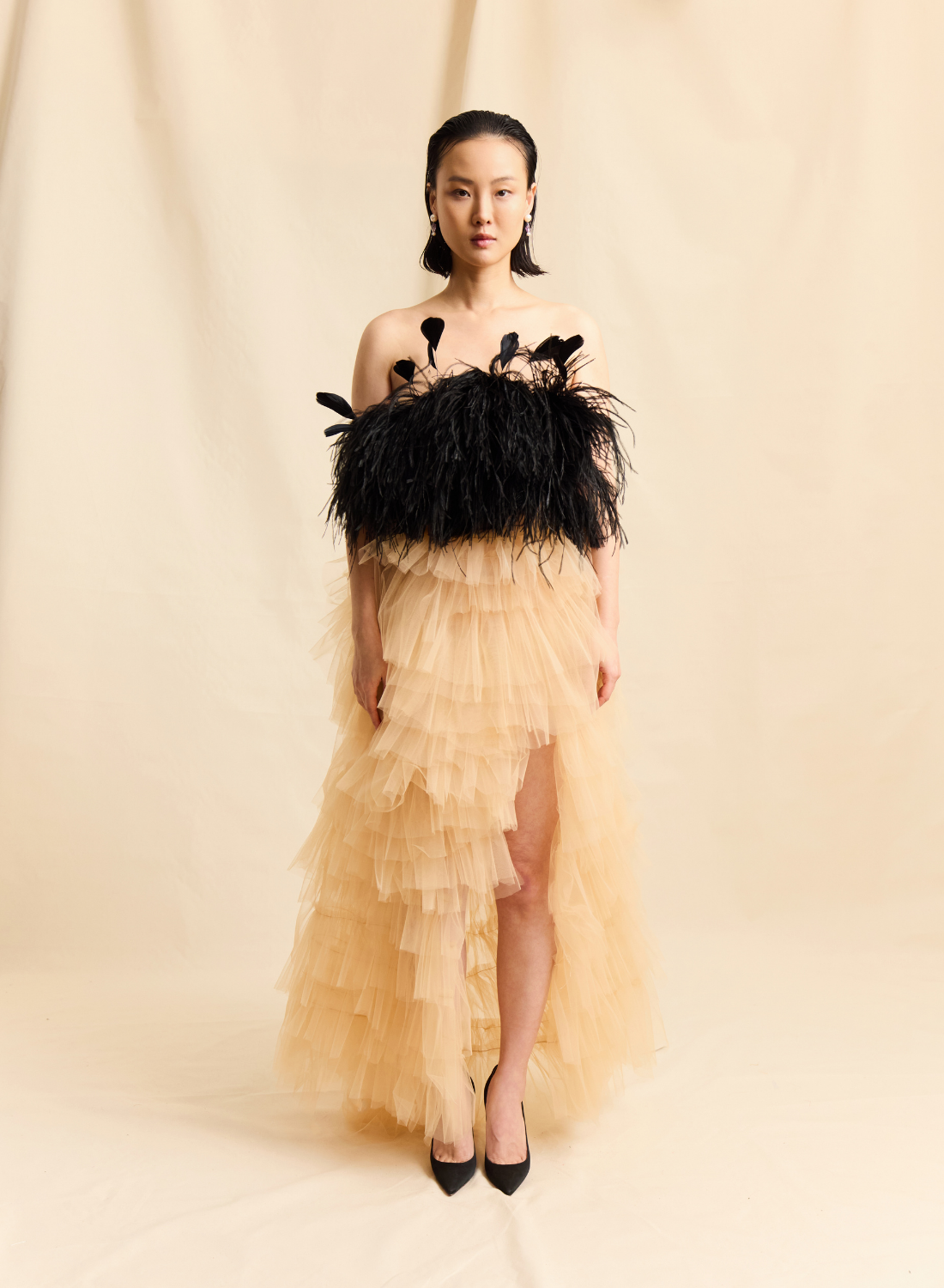 BLACK OSTRICH FEATHER & TULLE RUFFLE GOWN LOOK M13