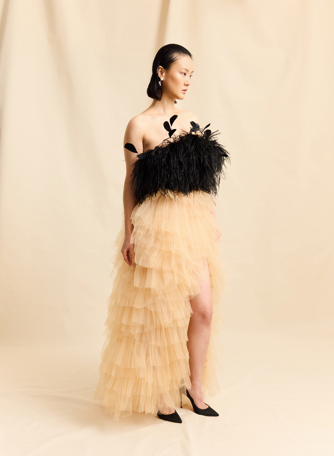 BLACK OSTRICH FEATHER & TULLE RUFFLE GOWN LOOK M13