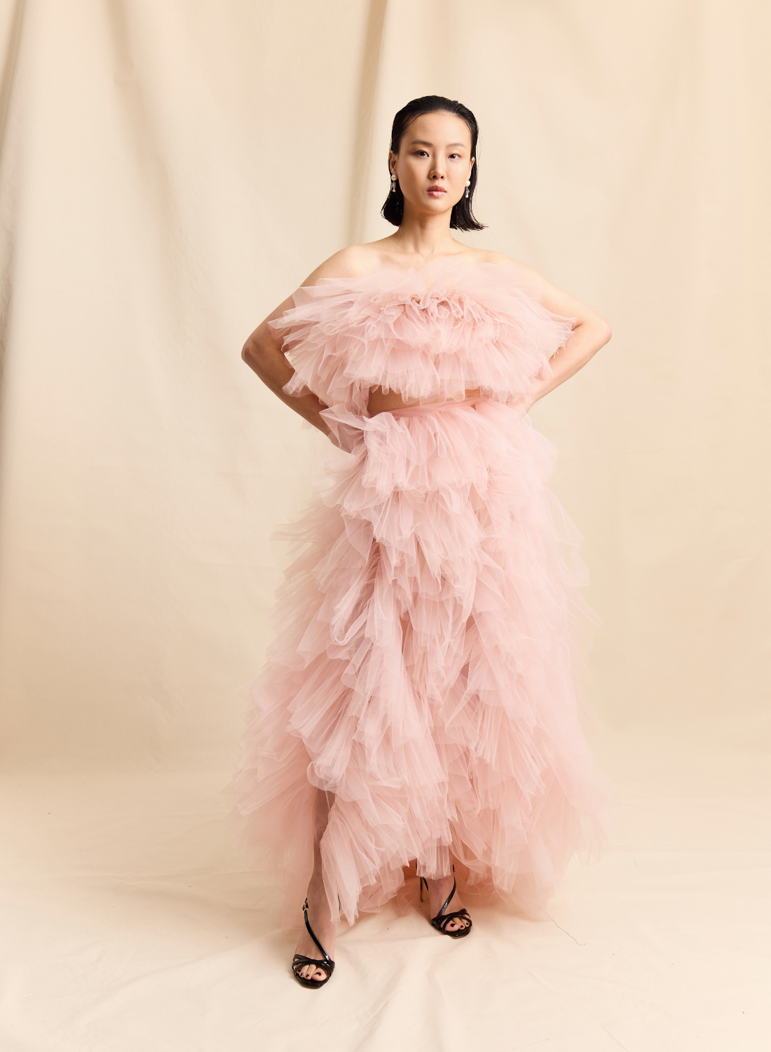 Blush Voluminous Ruffle Tulle Full Length Skirt. LOOK M7