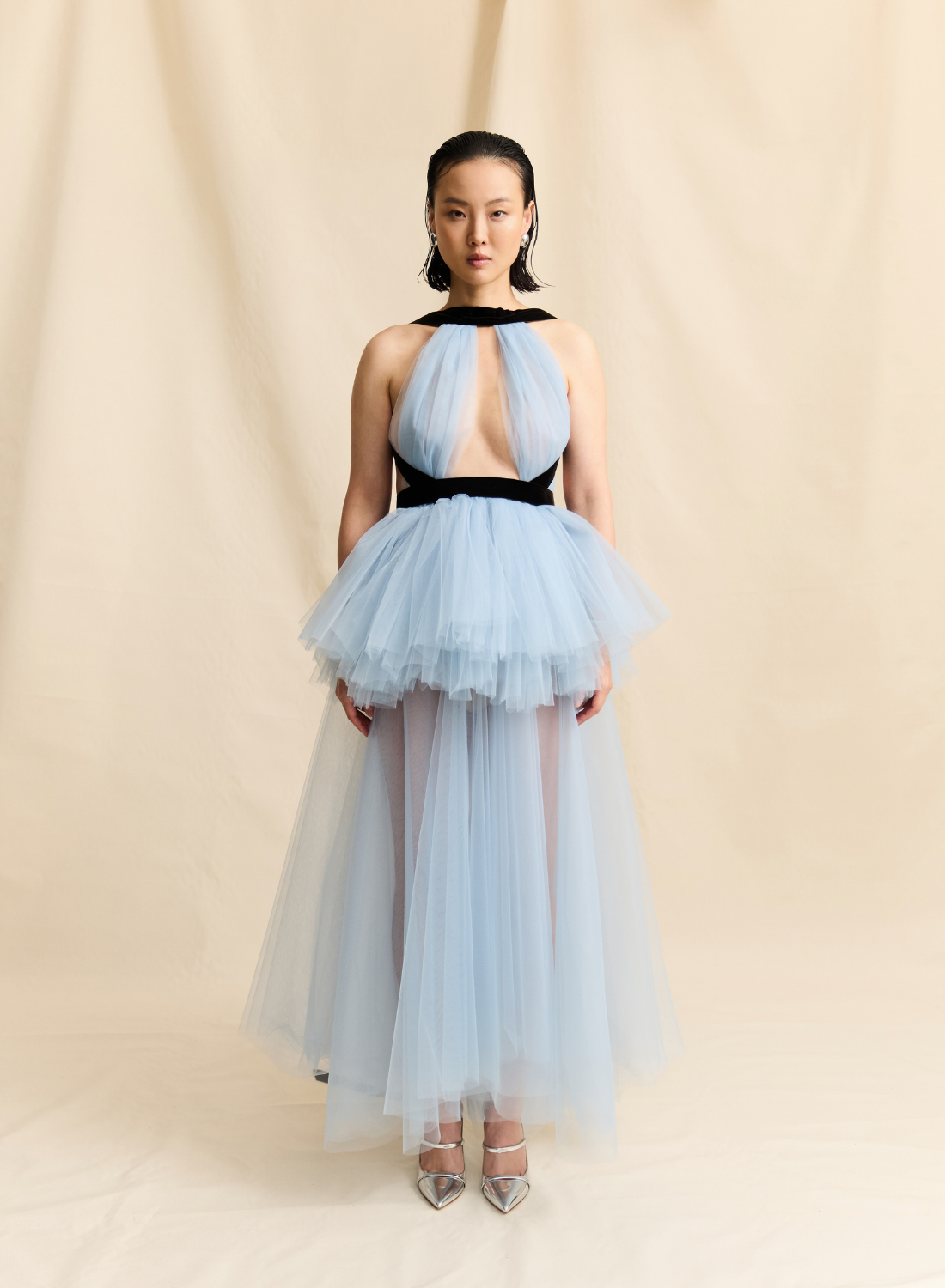 BLUE HIGH NECK TULLE GOWN WITH VELVET DETAIL STRAPS LOOK M17