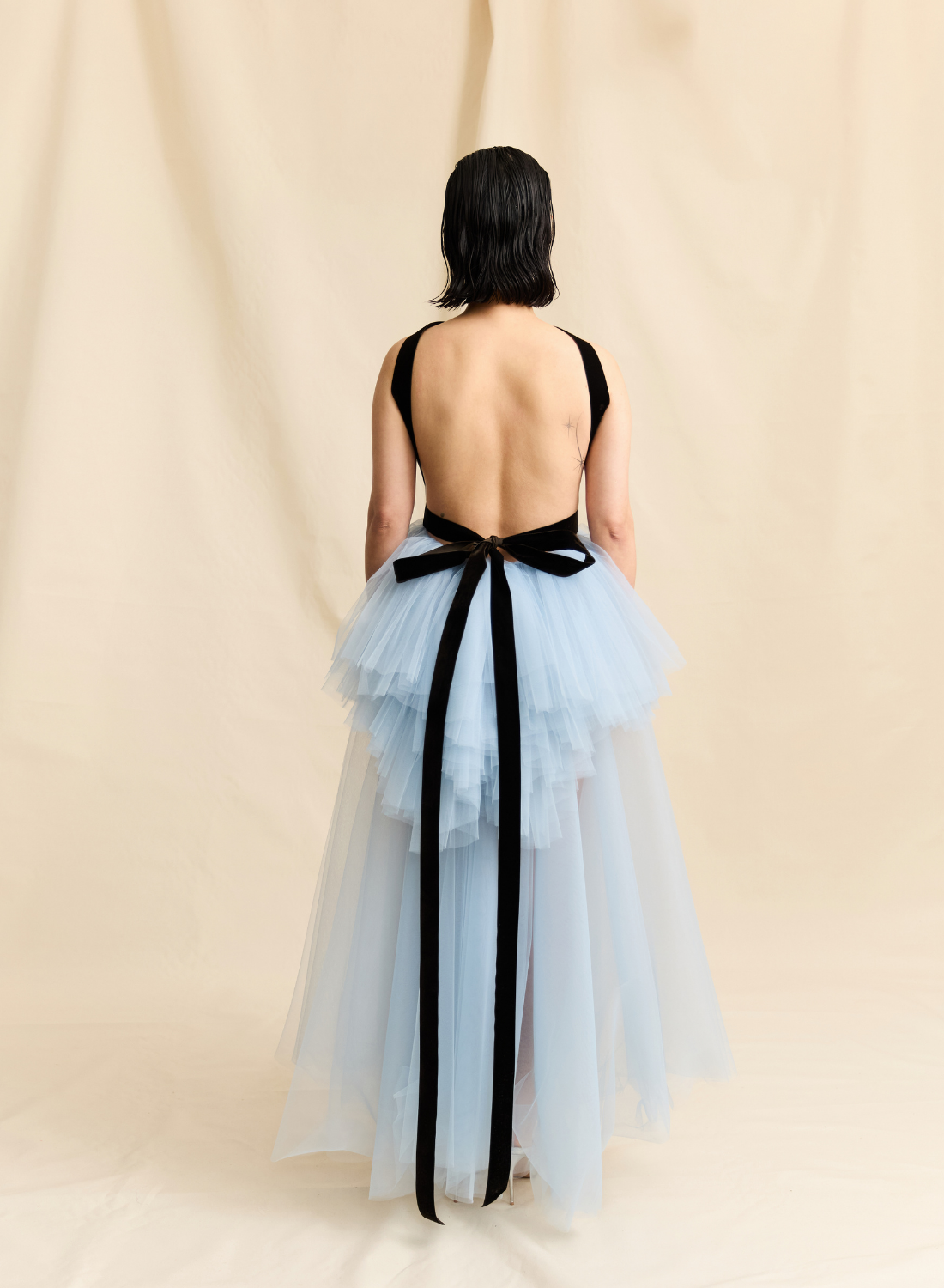 BLUE HIGH NECK TULLE GOWN WITH VELVET DETAIL STRAPS LOOK M17