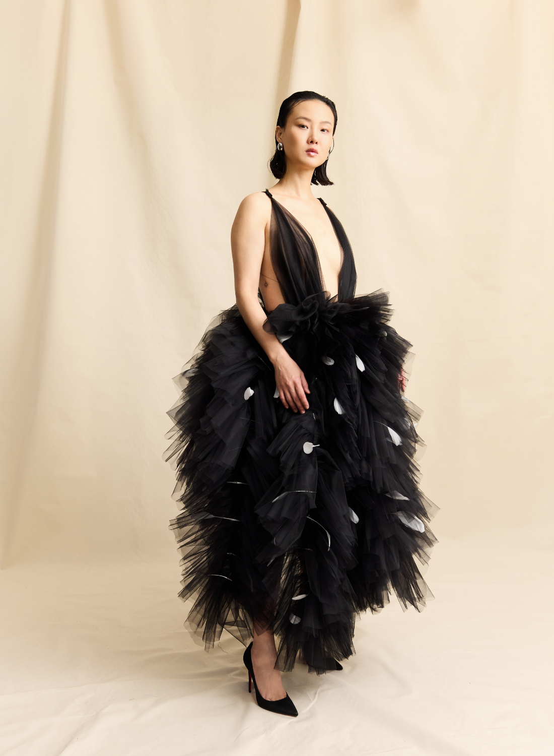 BLACK PLUNGE NECKLINE TULLE RUFFLE & FEATHER MIDI GOWN LOOK M16