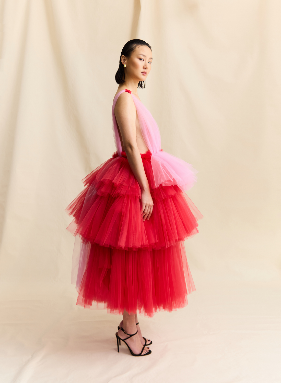 PINK & RED PLUNGE  RUFFLE TULLE  MIDI DRESS LOOK M1