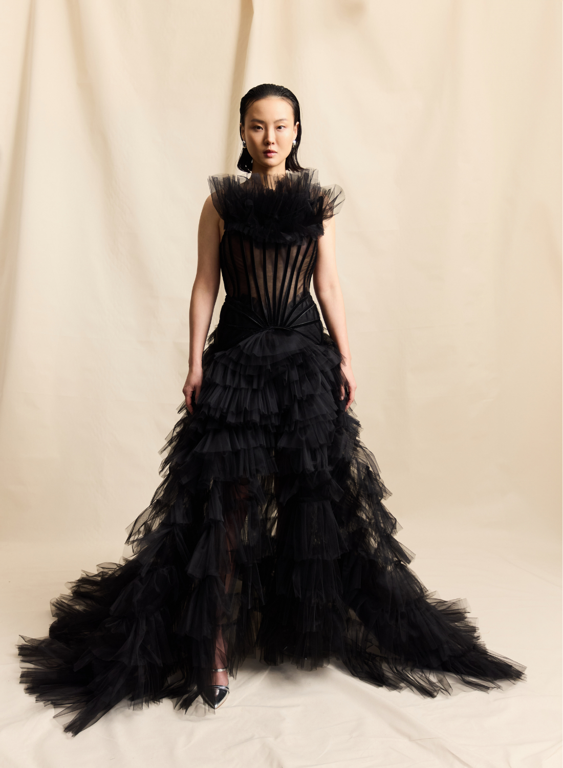 BLACK SHEER CORSETED RUDDLE TULLE GOWN LOOK M8