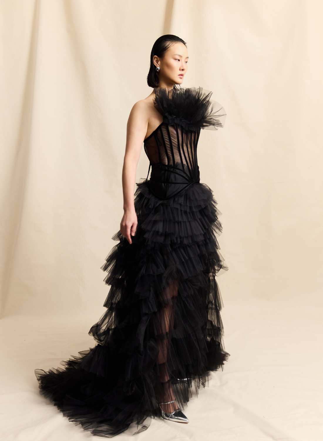 BLACK SHEER CORSETED RUDDLE TULLE GOWN LOOK M8