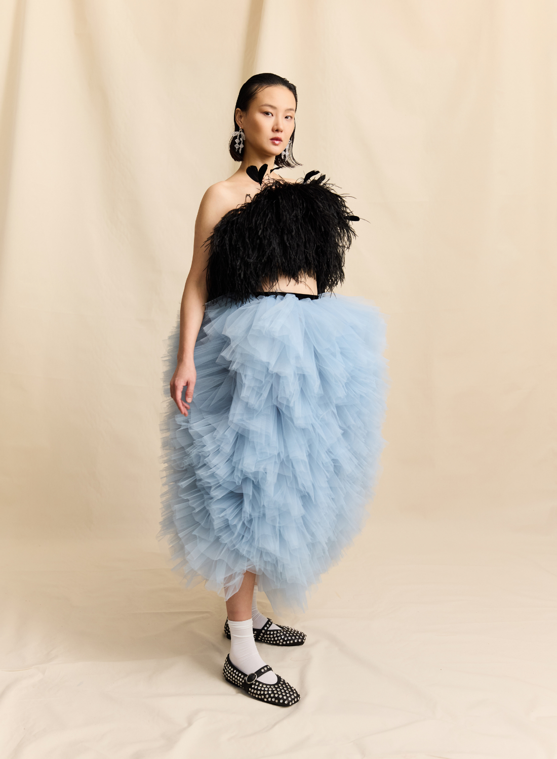 OSTRICH FEATHER CORSETED  TOP LOOK M11