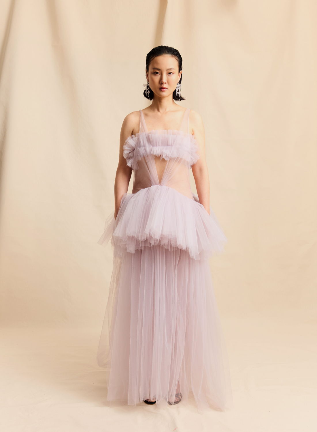 LILAC PLUNGE TULLE GOWN WITH RUFFLE DETAIL, SHEER TULLE SKIRT LOOK M6