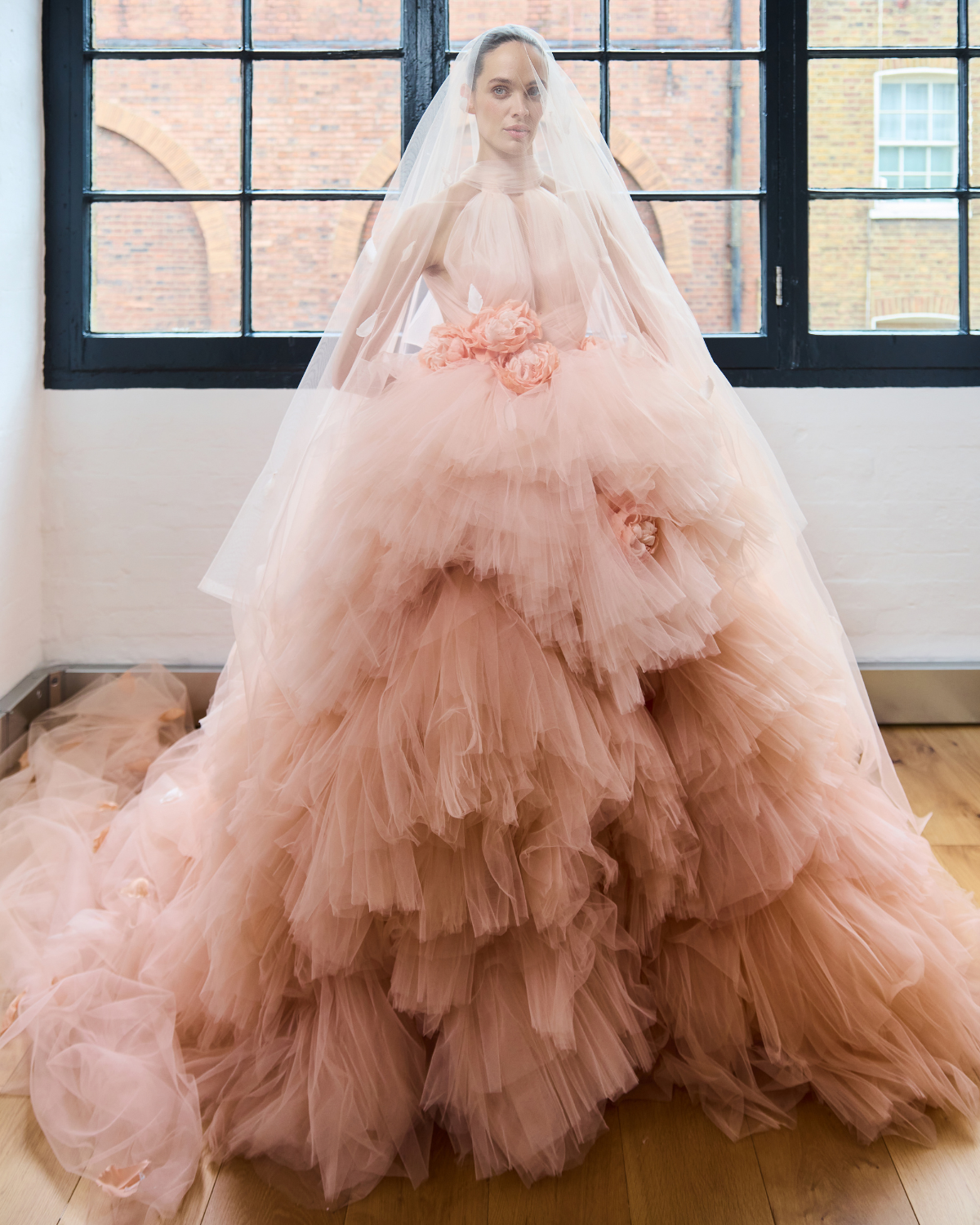 Fiorella Tulle Veil with Ombre Silk Cascading Hand Pressed Petals with Blusher