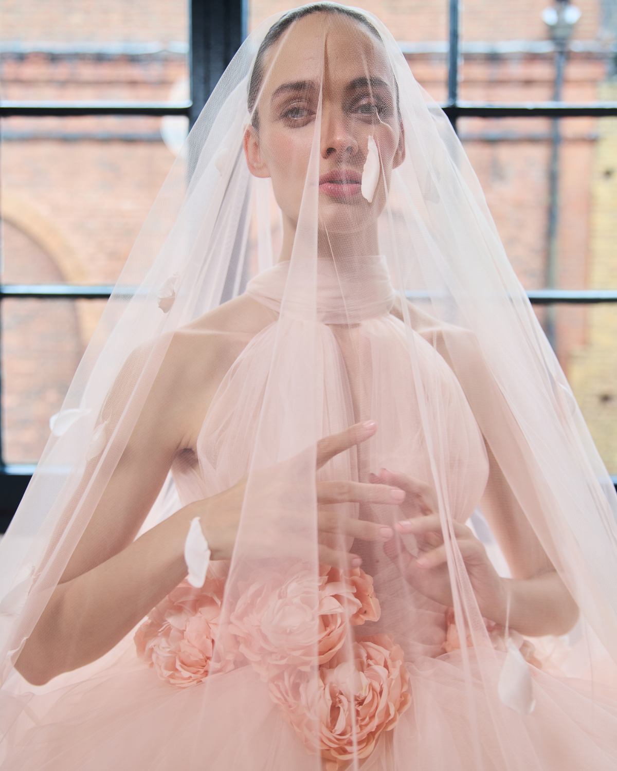 Fiorella Tulle Veil with Ombre Silk Cascading Hand Pressed Petals with Blusher