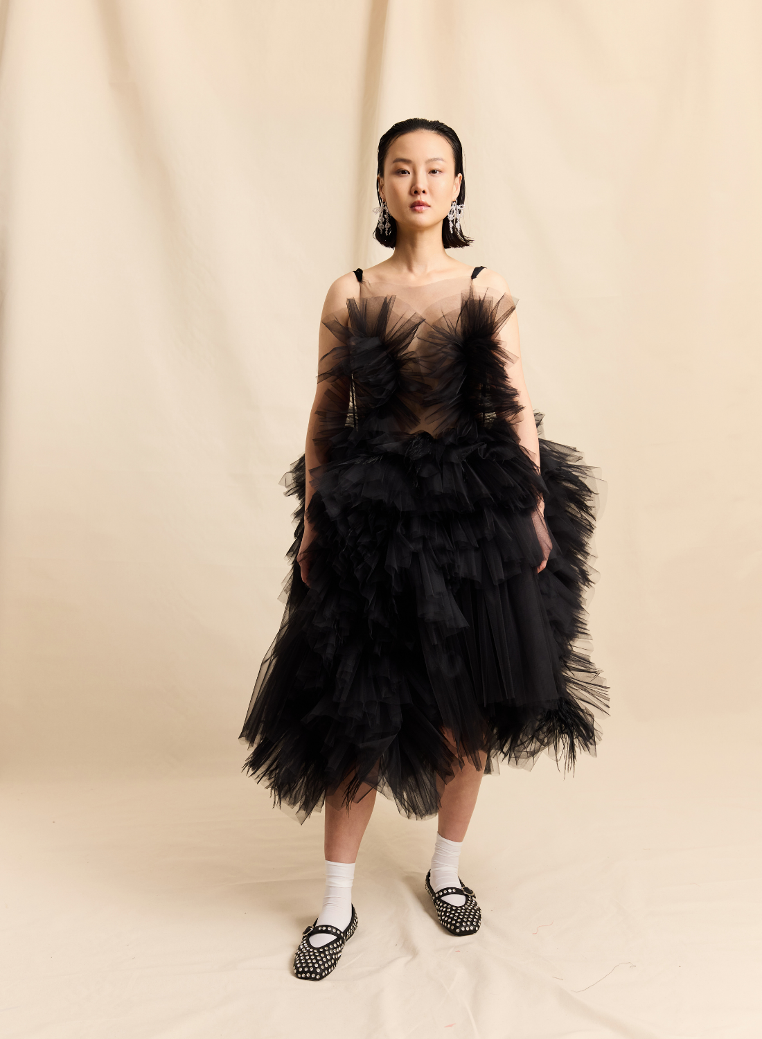 Black Tulle Ruffle & Ostrich Feather Midi & Dress LOOK M3