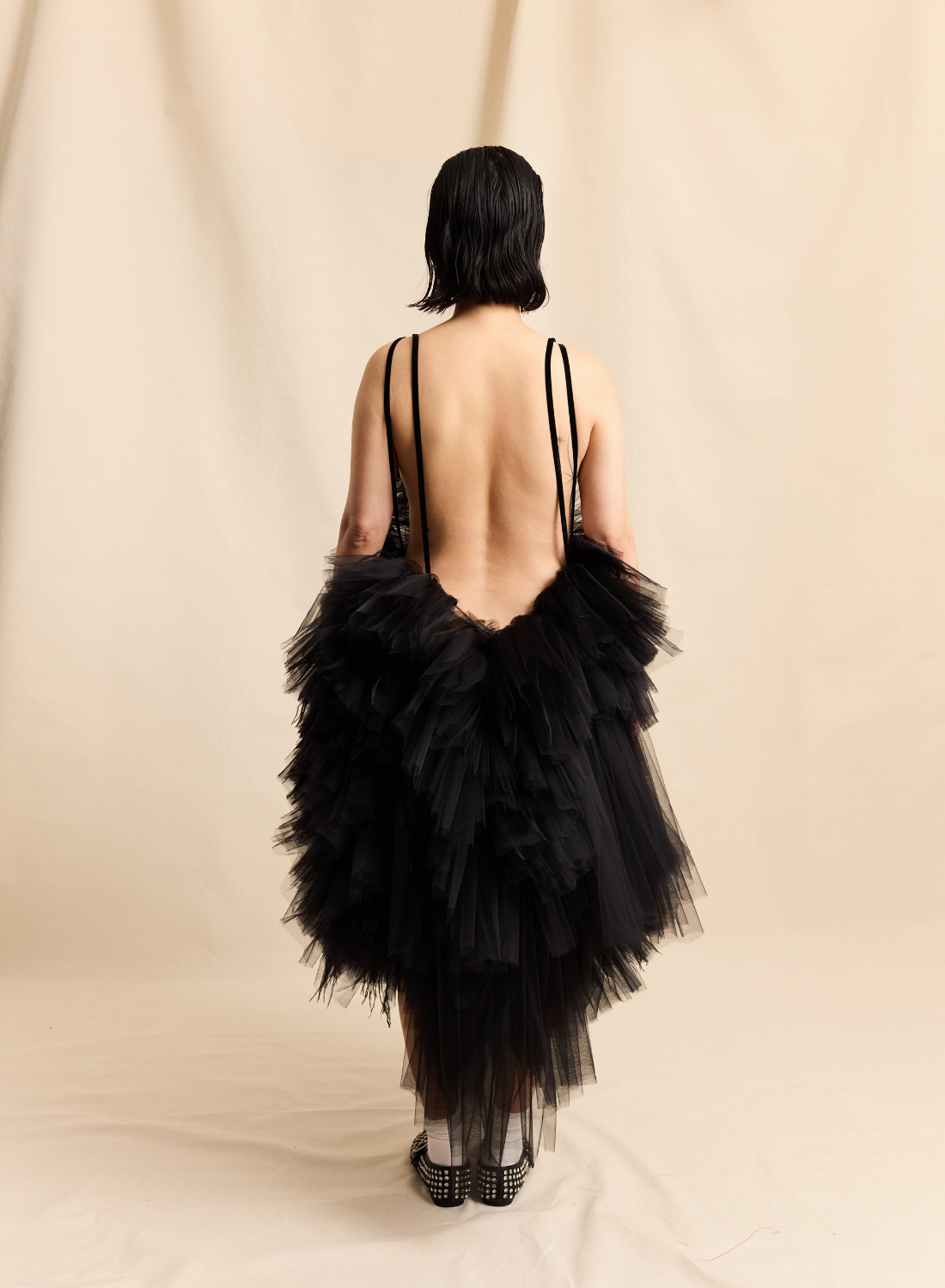 Black Tulle Ruffle & Ostrich Feather Midi & Dress LOOK M3