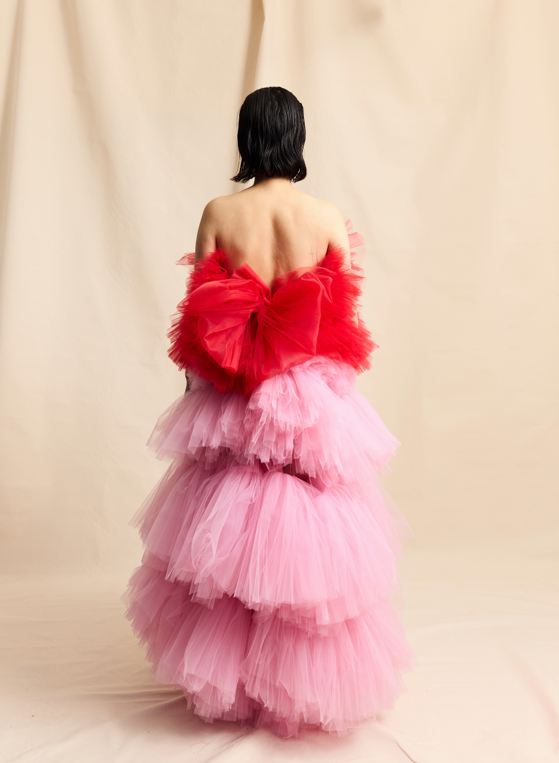 Pink & Red Strapless Corseted Voluminous & Tulle Ruffle Floor Length Gown LOOK M4