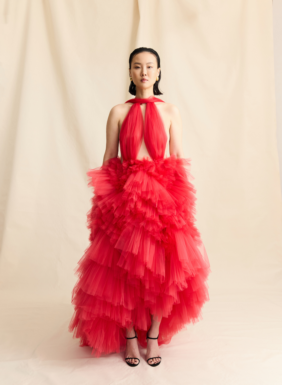 RED RUFFLE HIGH NECK TULLE RUFFLE GOWN  LOOK M18