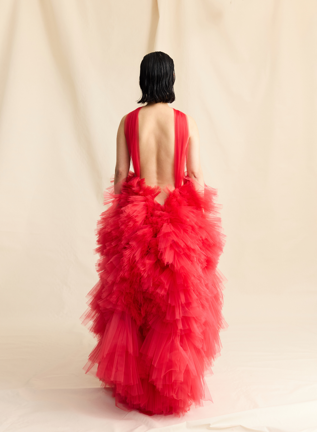 RED RUFFLE HIGH NECK TULLE RUFFLE GOWN  LOOK M18